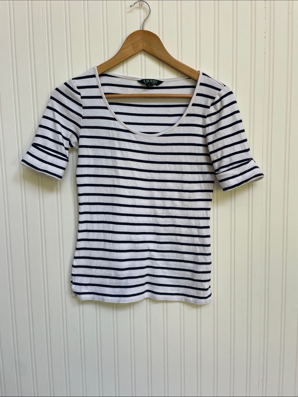 Lauren Ralph Lauren White with Navy Stripes Scoop Neck Short Sleeve Top Size S
